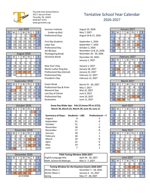 Titusville Area School District 2026–2027 Academic Calendar