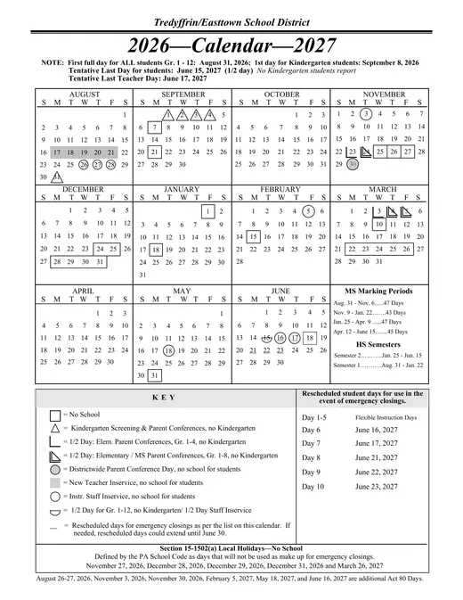 Tredyffrin-Easttown School District 2026–2027 Academic Calendar