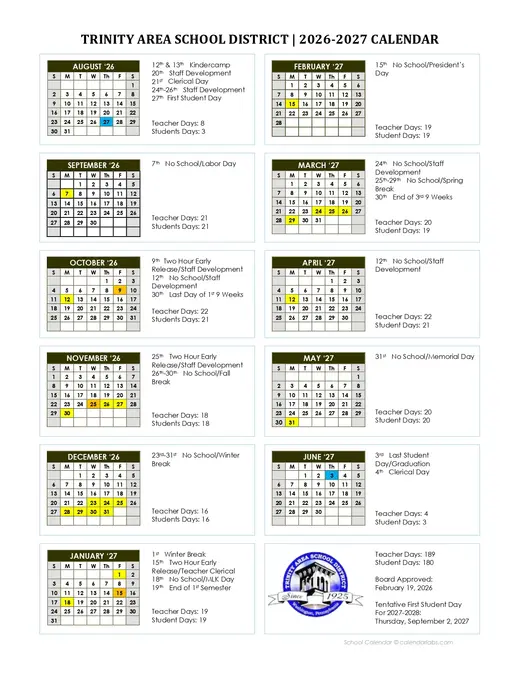 Trinity Area School District 2026–2027 Academic Calendar Page 1