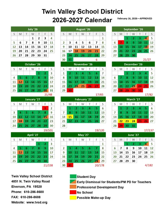 Trinity Area School District 2026–2027 Academic Calendar Page 2