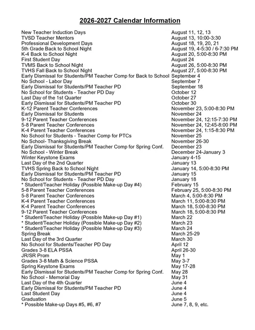 Trinity Area School District 2026–2027 Academic Calendar Page 3