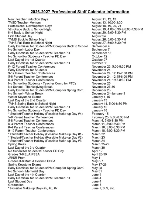 Trinity Area School District 2026–2027 Academic Calendar Page 4