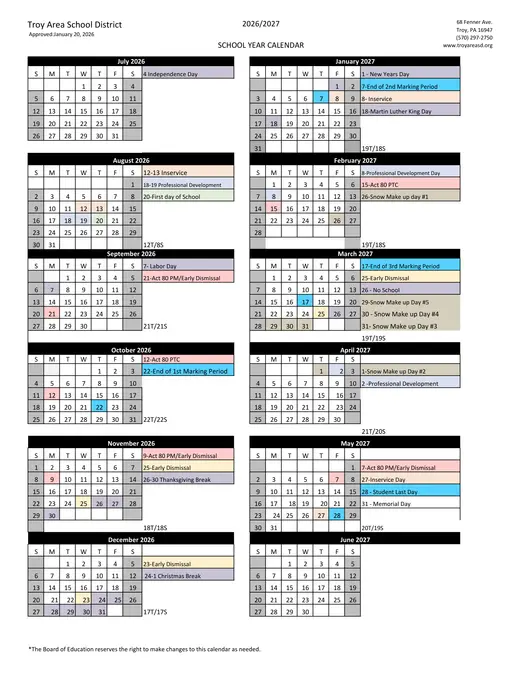 Troy Area School District 2026–2027 Academic Calendar Page 1