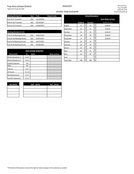 Troy Area School District 2026–2027 Academic Calendar Page 2