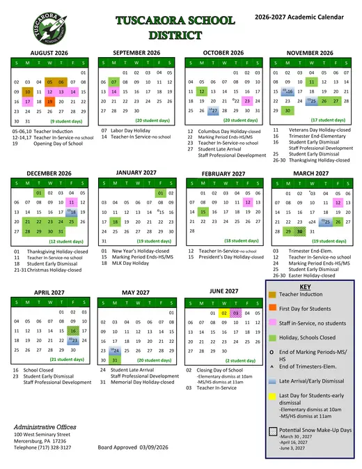Tuscarora School District 2026–2027 Academic Calendar Page 1