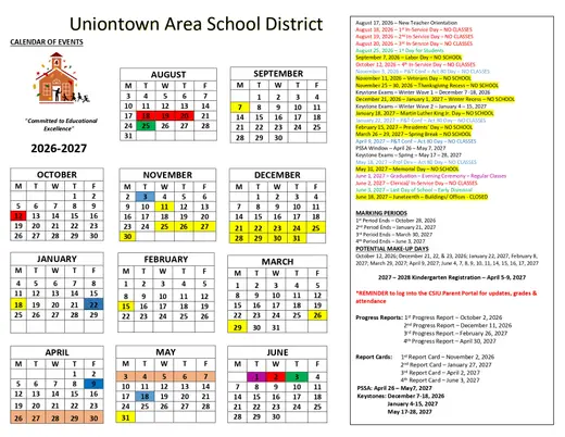 Uniontown Area School District 2026–2027 Academic Calendar