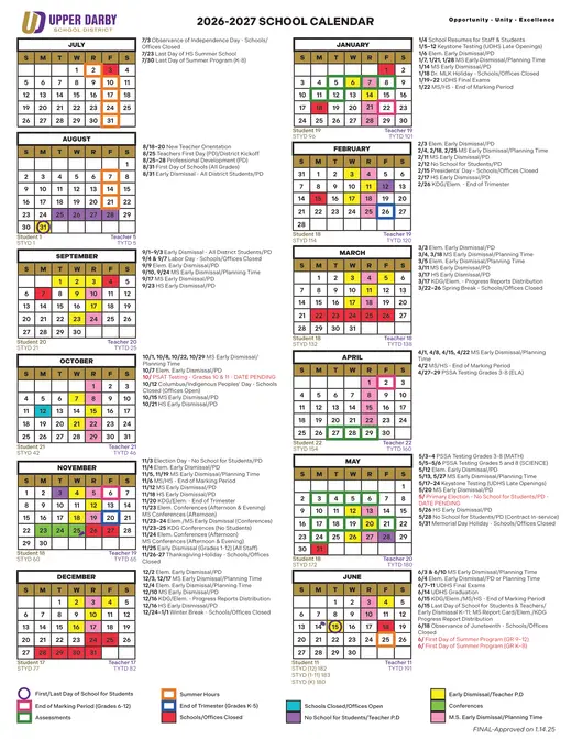 Upper Darby School District 2026–2027 Academic Calendar