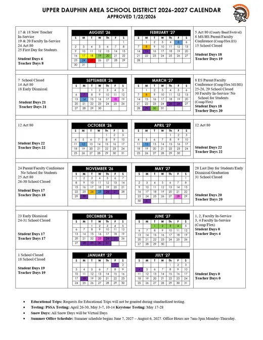 Upper Dauphin Area School District 2026–2027 Academic Calendar Page 1
