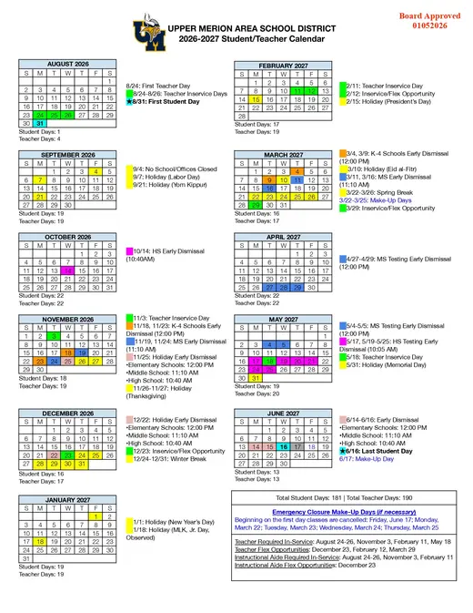 Upper Merion Area School District 2026–2027 Academic Calendar