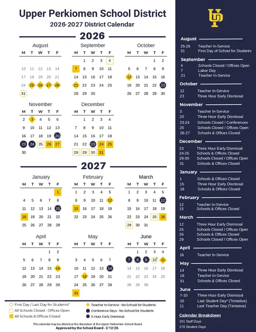 Upper Perkiomen School District 2026–2027 Academic Calendar Page 1