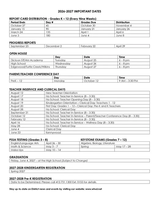Upper Perkiomen School District 2026–2027 Academic Calendar Page 2