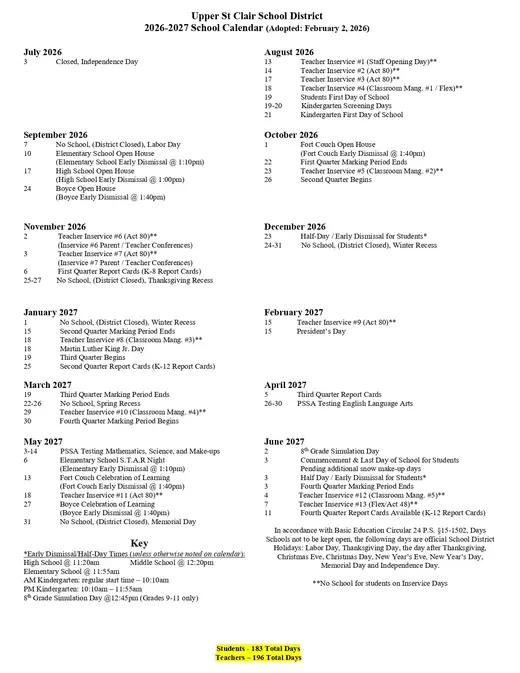 Upper St. Clair School District 2026–2027 Academic Calendar Page 1