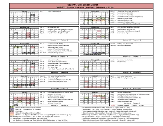 Upper St. Clair School District 2026–2027 Academic Calendar Page 2