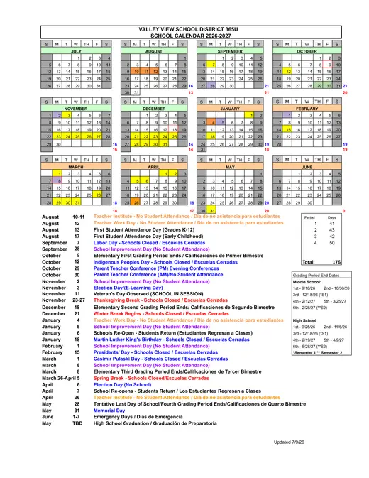 Valley View School District 365U 2026–2027 Academic Calendar Page 1