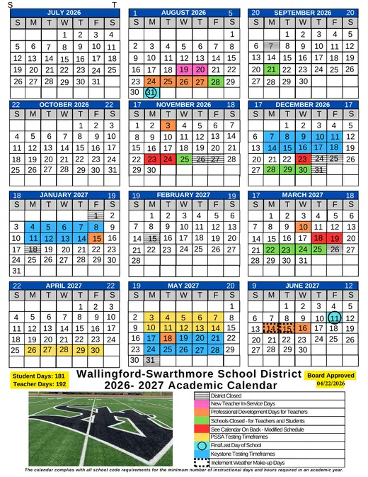 Wallingford-Swarthmore School District 2026–2027 Academic Calendar Page 1