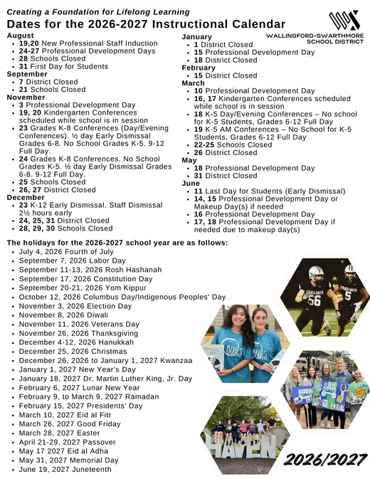 Wallingford-Swarthmore School District 2026–2027 Academic Calendar Page 2