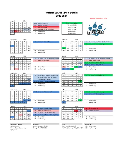 Wattsburg Area School District 2026–2027 Academic Calendar Page 1