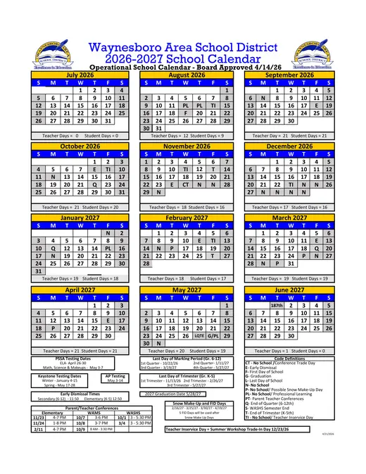 Waynesboro Area School District 2026–2027 Academic Calendar