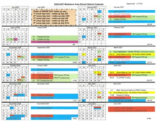 Wellsboro Area School District 2026–2027 Academic Calendar Page 2