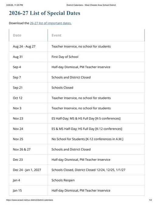 West Chester Area School District 2026–2027 Academic Calendar Page 1
