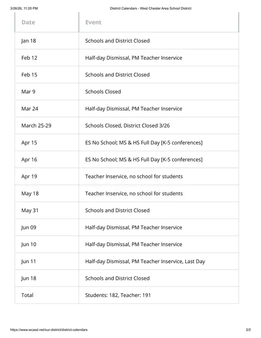 West Chester Area School District 2026–2027 Academic Calendar Page 2