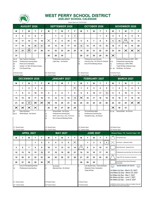 West Perry School District 2026–2027 Academic Calendar Page 1