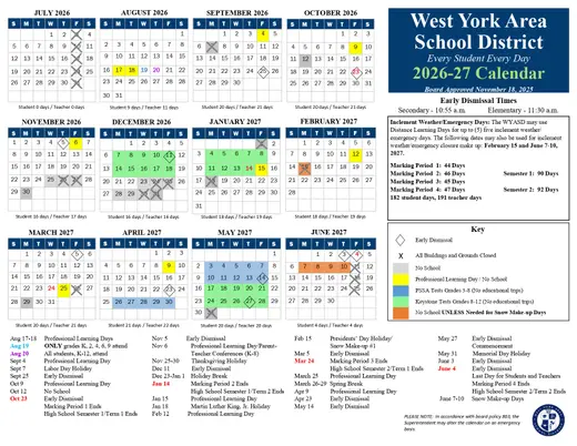 West York Area School District 2026–2027 Academic Calendar