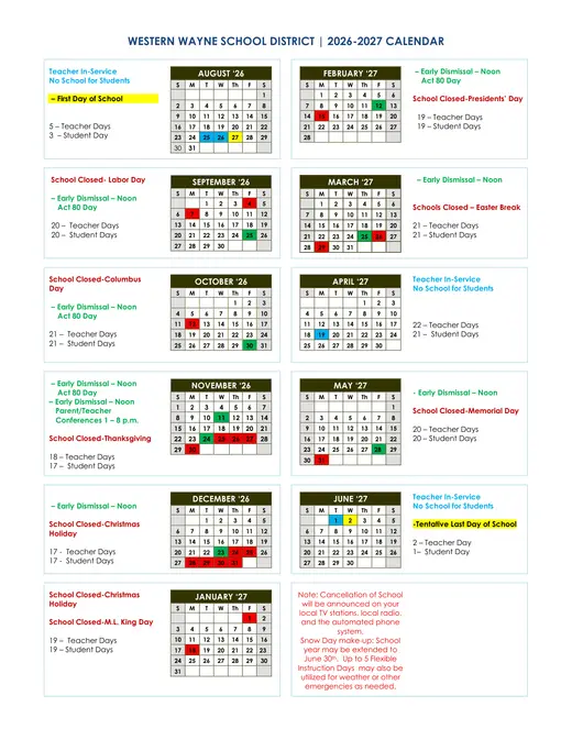 Western Wayne School District 2026–2027 Academic Calendar Page 1