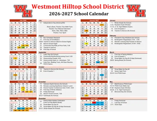 Westmont Hilltop School District 2026–2027 Academic Calendar Page 1