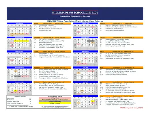 William Penn School District 2026–2027 Academic Calendar