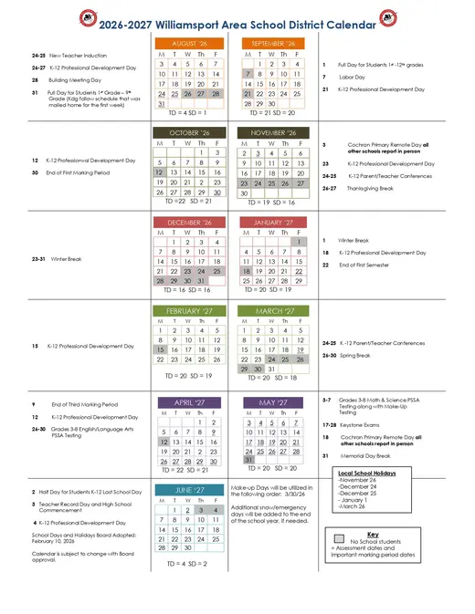 Williamsport Area School District 2026–2027 Academic Calendar