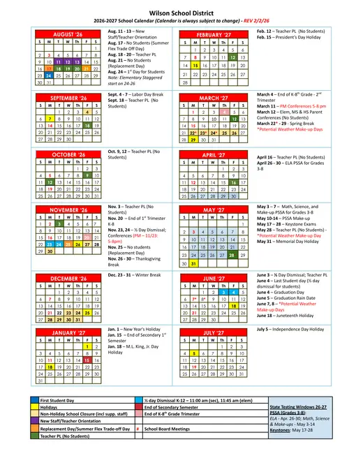 Wilson School District 2026–2027 Academic Calendar