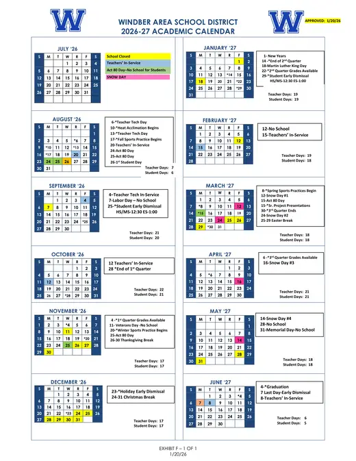 Windber Area School District 2026–2027 Academic Calendar