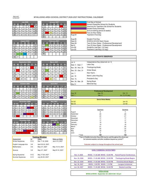Wyalusing Area School District 2026–2027 Academic Calendar