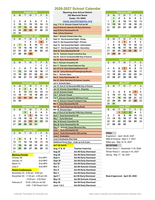 Wyoming Area School District 2026–2027 Academic Calendar