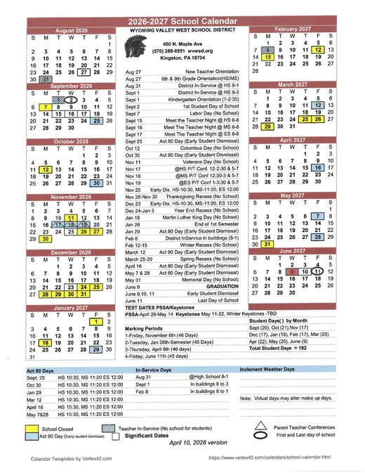 Wyoming Valley West School District 2026–2027 Academic Calendar