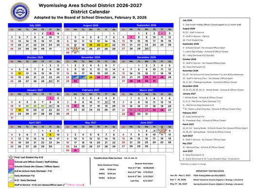Wyomissing Area School District 2026–2027 Academic Calendar Page 1
