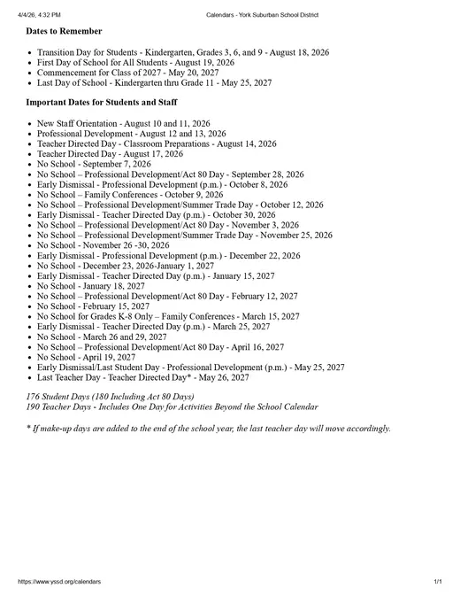 York Suburban School District 2026–2027 Academic Calendar