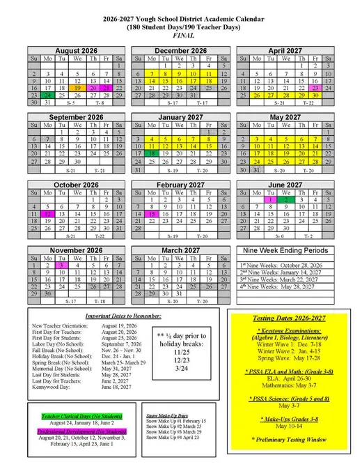 Yough School District 2026–2027 Academic Calendar Page 1