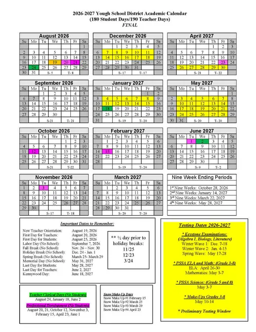 Yough School District 2026–2027 Academic Calendar Page 2