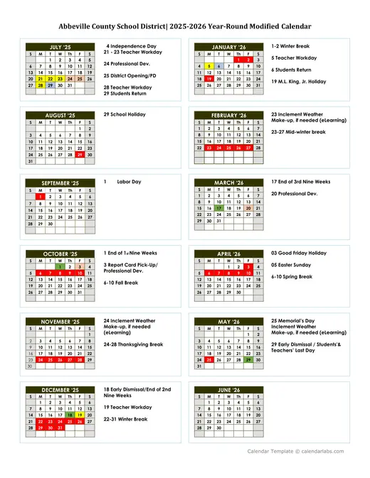 Abbeville County School District 2025–2026 Academic Calendar Page 1