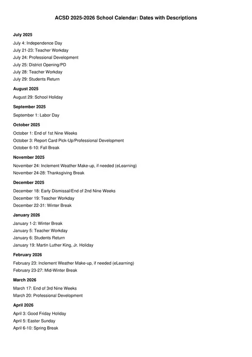Abbeville County School District 2025–2026 Academic Calendar Page 2