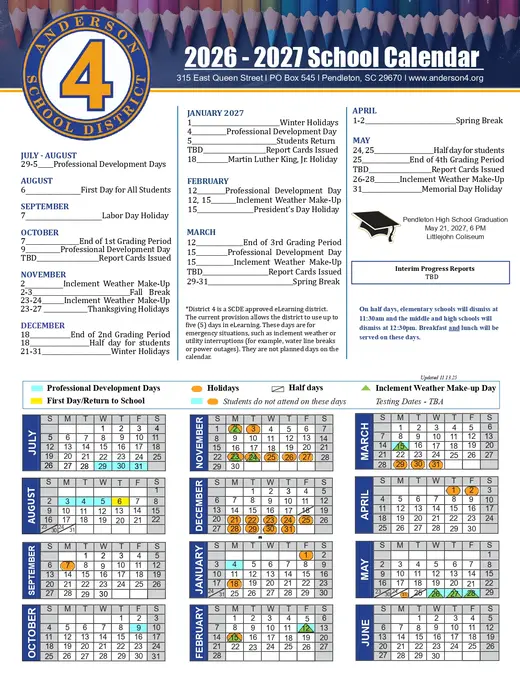 Anderson School District 4 2026–2027 Academic Calendar