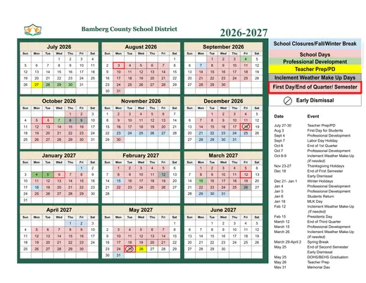 Bamberg County School District 2026–2027 Academic Calendar Page 1
