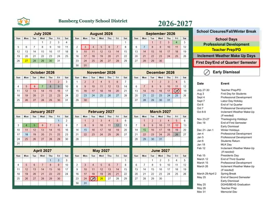 Bamberg County School District 2026–2027 Academic Calendar Page 2