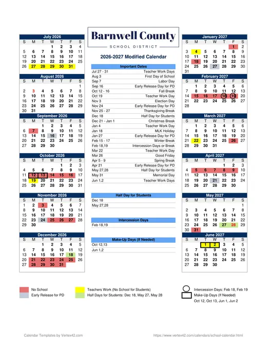 Barnwell County School District 2026–2027 Academic Calendar