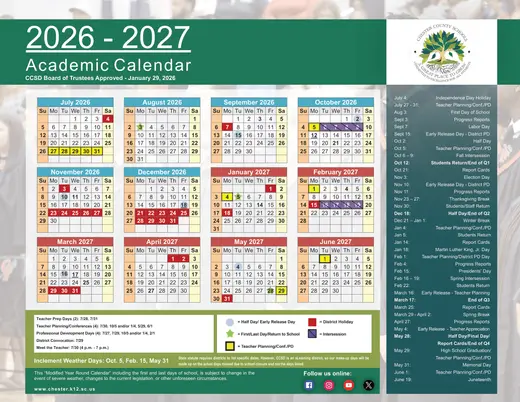 Chester County School District (CCSD) 2026–2027 Academic Calendar Page 1