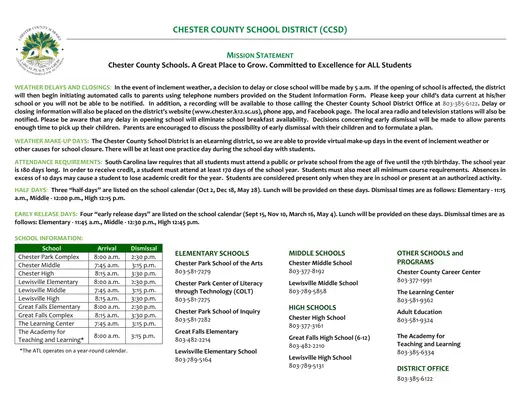 Chester County School District (CCSD) 2026–2027 Academic Calendar Page 2
