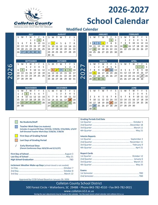 Colleton County School District 2026–2027 Academic Calendar