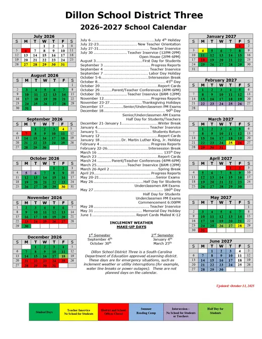 Dillon School District Three 2026–2027 Academic Calendar